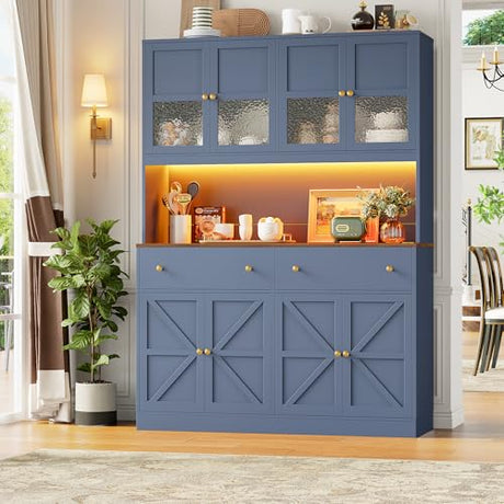 FINETONES 71" Pantry Cabinet with LED Light and Charging Station, Farmhouse Kitchen Pantry Cabinet with Microwave Stand, 47.2" Wide Kitchen Hutch Food Pantry with Open Countertop, Blue FINETONES