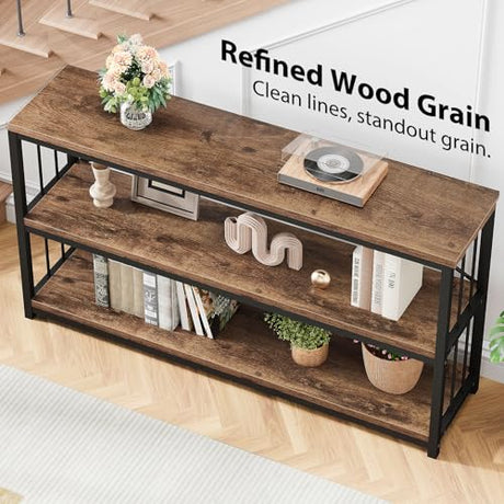 LVB Industrial Console Entryway Table, Metal Wood Rustic Sofa Table with Storage, Farmhouse 3 Tier Shelf Long Hallway Foyer Entry Tables Behind Couch for Home Living Room Entryway, Rustic Brown, 55 In LVB