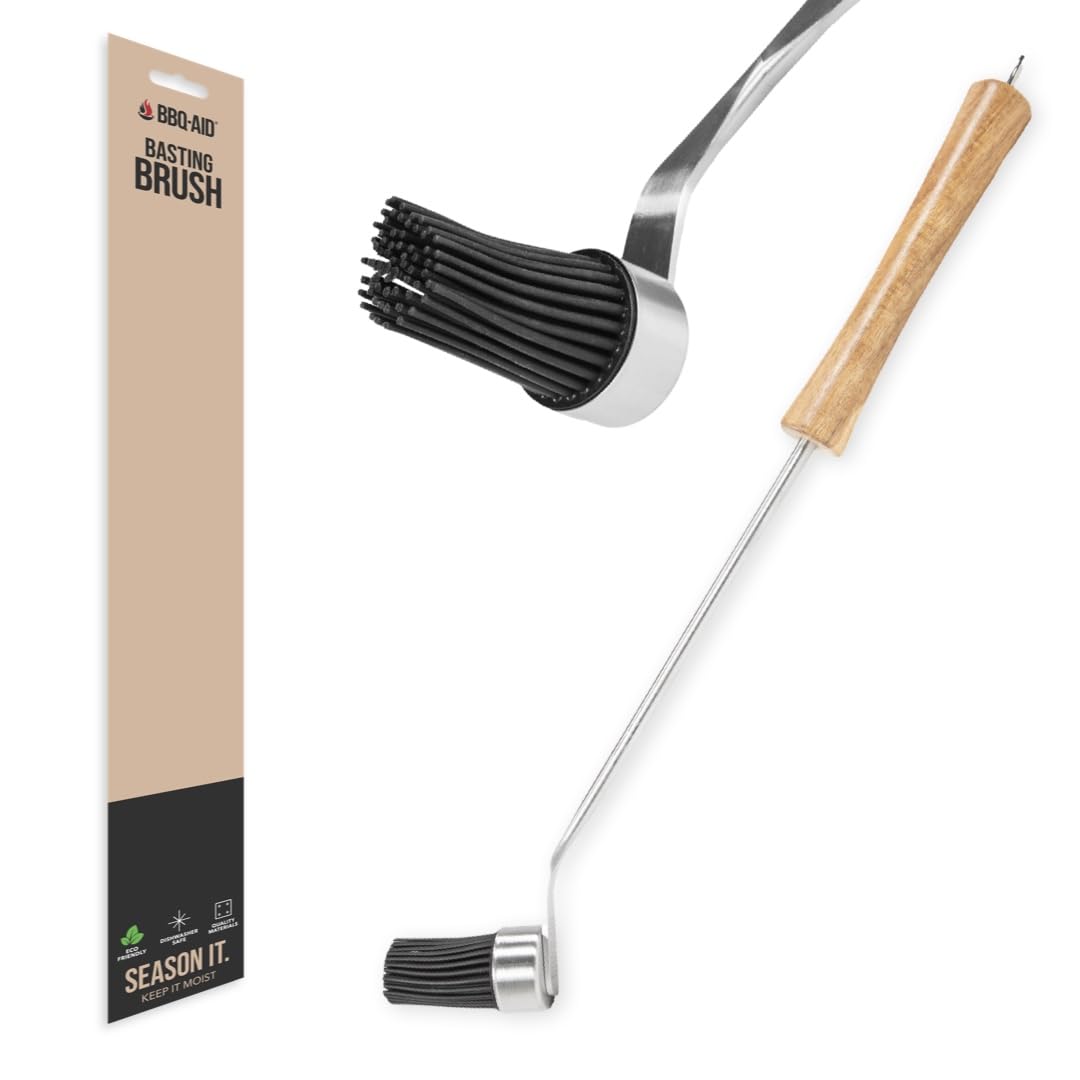 BBQ-AID Basting Brush - For Marinating, Glazing, Seasoning - Bbq Silicone Brush Cooking, Baster for Cooking Brush - Premium Wood Handle, Stainless Steel Core and Silicone Bristles for Easy Cleaning BBQ-Aid