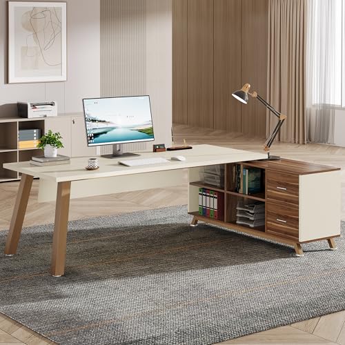 Tribesigns 78.7-Inch Executive Desk, L-Shaped Desk with 55-Inch Cabinet, Large Office Desk with Storage Shelves, Modern Computer Desk for Home Office, White & Walnut Tribesigns