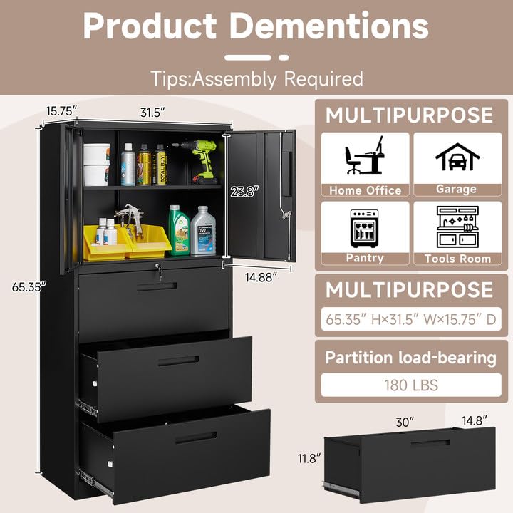 AFAIF Metal File Cabinets, Lateral Filing Cabinet with 3 Drawers, 65" H File Caninet for Home Office, Office Storage Caninets with Adjustable Shelves for Letter/Legal / A4 - Assembly Required AFAIF