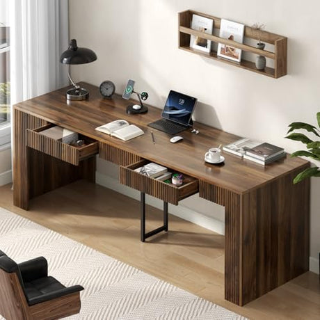 Gyfimoie 78.74" Executive Desk, Large Office Desk with 2 Drawer, Farmhouse Wooden Computer Desk Writing Table Conference Workstation Table for Office, Study, Dark Brown Gyfimoie
