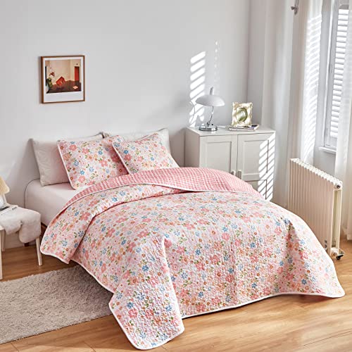 Joyreap 2 Pieces Cotton Quilt Set for Girls, Twin Size Floral Pink Flowers Design, Cozy Lightweight Quilt Bedspread Bed Cover for All Season, 1 Quilt and 1 Pillow Sham- 68x86 inches Joyreap