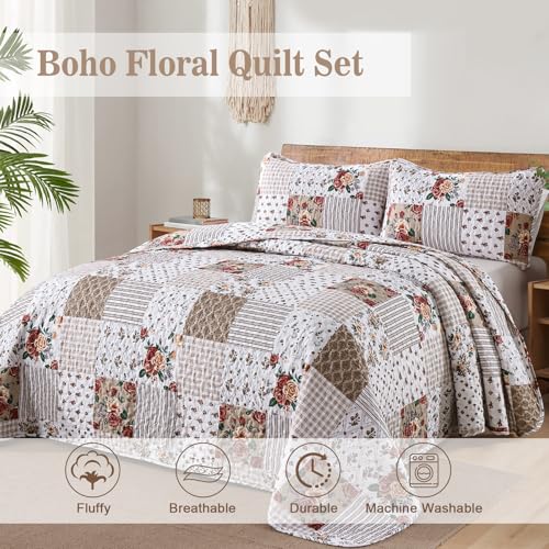 Menghomeus Taupe Floral Quilt Set Queen Boho Patchwork Bedspread Floral Coverlet Reversible Bed Quilt Set All Season Soft Microfiber Bedding Farmhouse Bed Sets, 96"x90" Menghomeus