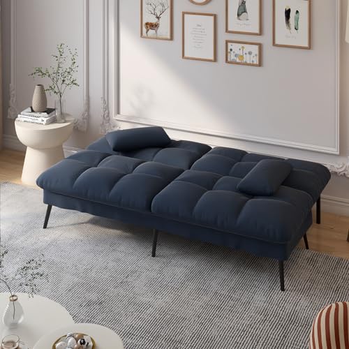 COMHOMA Convertible Futon Sofa Bed, 72″Fabric Futons Couch with Adjustable Backrest, Folding Sleeper Recliner for Living Room Furniture (Blue) COMHOMA