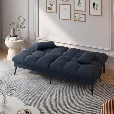 COMHOMA Convertible Futon Sofa Bed, 72″Fabric Futons Couch with Adjustable Backrest, Folding Sleeper Recliner for Living Room Furniture (Blue) COMHOMA