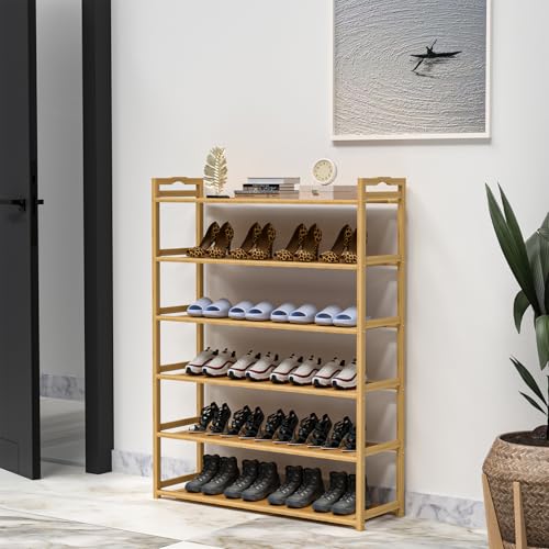 RESTSUKO 6-Tier Free Standing Shoe Racks, Bamboo Wood Shoe Rack for Entryway & Closet, Holds up to 24 Pairs of Shoes RESTSUKO