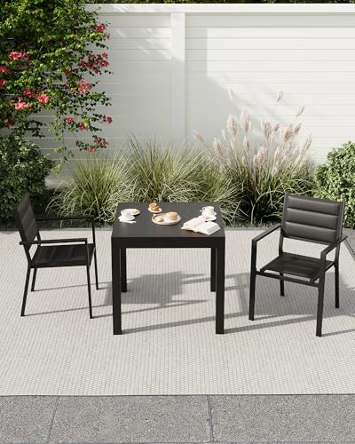 Aluminum 31"-63" Extendable Outdoor Dining Table Set for 4-6 Person, Expandable Patio Table with Wood Pattern Tabletop for Backyard, Deck, Black Fitenlor