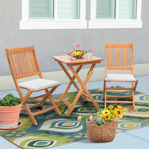 Flamaker Patio Set 3 Piece Acacia Wood Folding Bistro Set Outdoor Square Table and Chairs Balcony Furniture for Porch, Lawn, Backyard (Natural) - WoodArtSupply