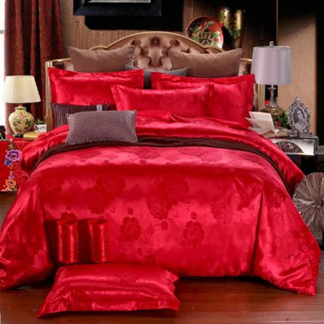 YUURO Satin Silk Duvet Cover Set with Pillowcase,Luxury Embroidery Bedding Set Soft Cozy Bedspread Lightweight Comforter Cover for All Season,Zipper Closure (Red,Single) YUURO