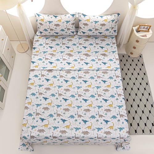 Vinogusto Full Size Bed Sheets for Boys Kids - 4-Piece Jurassic Dinosaur Bedding Set, Breathable Light Grey Dino 3D Fitted Sheets with 14" Deep Pocket, Ultra-Soft Lightweight Bedroom Essentials Vinogusto