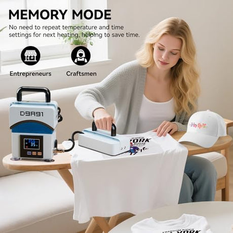 D9A91 2 in 1 Heat Press Machine, Hat Press Machine.for Caps, T-Shirt & More, Curved Heating Plate and Silicone Base,Heat Up Fast and Even,No Crease,LCD Digital Temperature &Timer Control-Light Blue D9A91