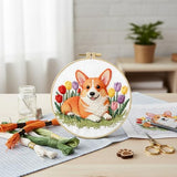 jinglinhh Embroidery Starter Kit Corgi Dog Tulip Flower for Adult Beginners, DIY Stamped Cross Stitch Kit Kit with Hoops, Threads & Embroidery Cloth, Needlework Craft Gift for Women