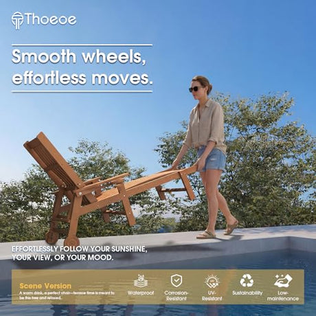 THOEOE Patio Chaise Lounge Chair, Oversized Lounge Chair Outdoor with 5 Positions, 78″ Long, HDPE, Patio Lounge Chair with Wheels & Cup Holder for Pool, Deck, Poolside,Wood THOEOE
