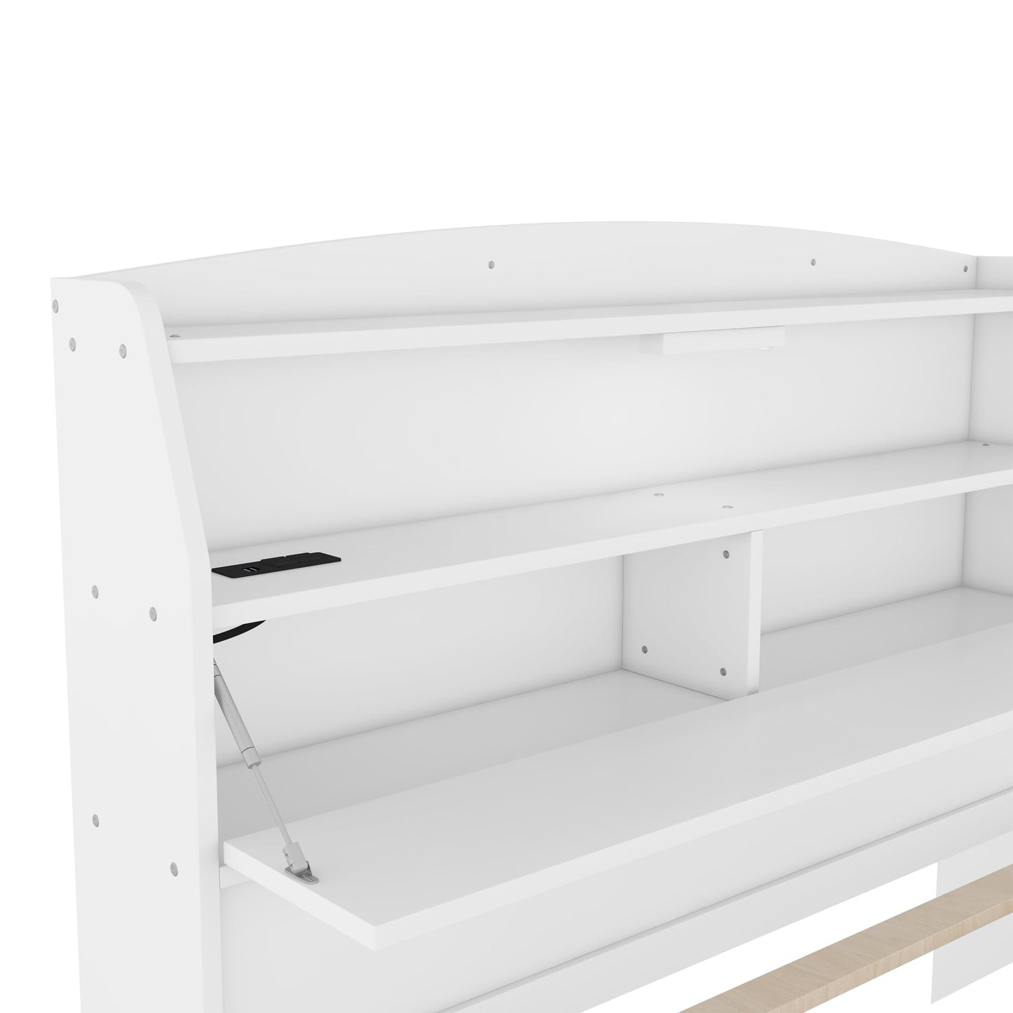 MERITLINE LED Platform Bed with Trundle, Drawers, and Bookcase Headboard - White Full Size Frame with USB Ports - WoodArtSupply