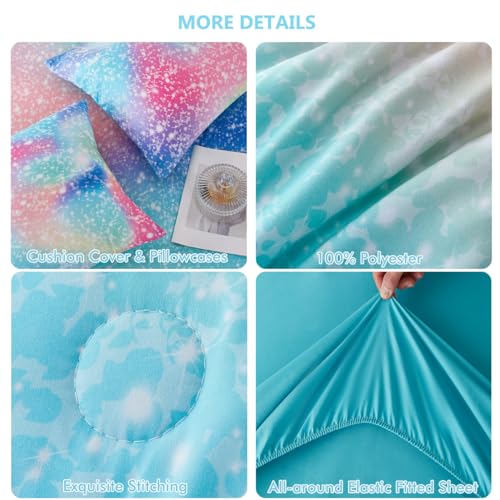 PERFEMET Pink Green Girls Twin Comforter Set, 6 Pieces Colorful Rainbow Kids Bedding Sets, Tie Dye Ombre Glitter Bed in A Bag Comforter Set with Sheets PERFEMET