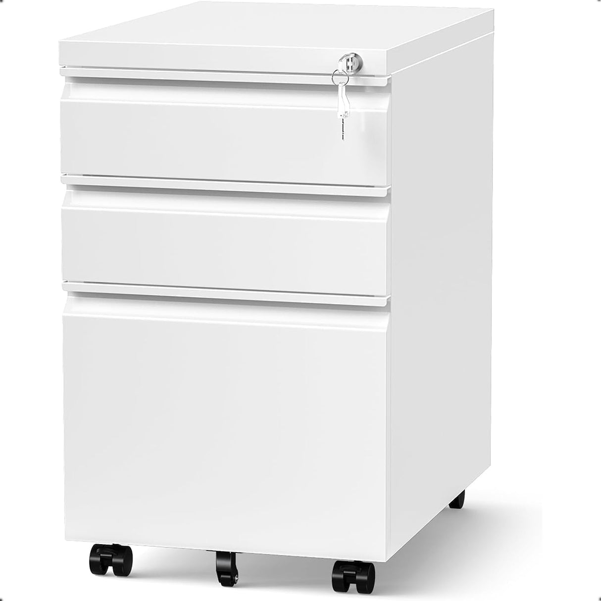 Allouncer 3 Drawer Filing Cabinet with Lock, File Cabinets for Home Office, Locking File Cabinet, Under Desk Mobile File Cabinet for A4-Size/Letter-Size/Legal-Size, White Allouncer