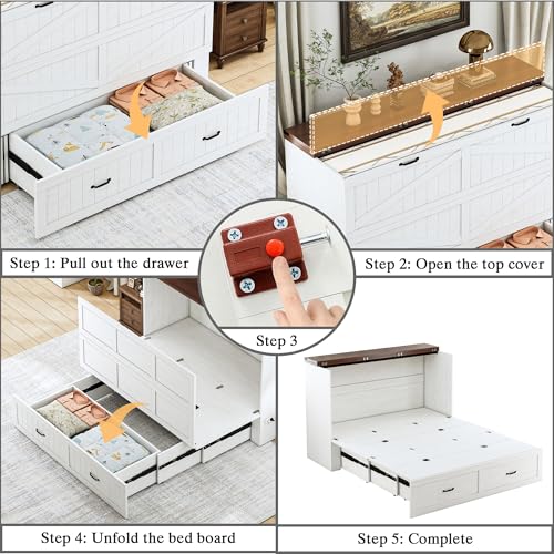 JassmiPkwy Queen Size Murphy Bed Frame, Farmhouse Wood Queen Beds with Charging Station, Drawer, Queen Foldable Platform Bed, White JassmiPkwy