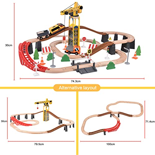 Giant bean Tower Crane Wooden Train Set, 72pcs Toy Battery Operated Train Track for Boys and Girls 3-7, Fit Thomas The Train, Brio, Melissa & Doug Giant bean