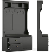 ComeWay Hall Tree with Storage 70.9 Inch Height, Coat Rack with 7 Hooks & Shoe Cabinet with Doors, 6-in-1 Farmhouse Hall Tree Anti-toppling, Shoes Rack for Entryway Hallway, Modern Black ComeWay