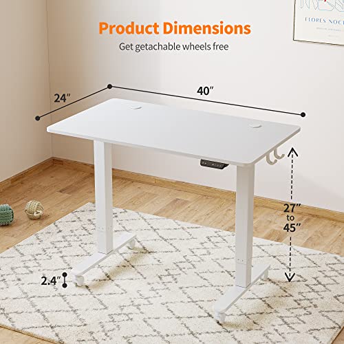 Cubiker 40 x 24 Inch Standing Desk, Stand up Height Adjustable Home Office Electric Table, Sit Stand Desk with Splice Board, White Frame & White Desktop - WoodArtSupply