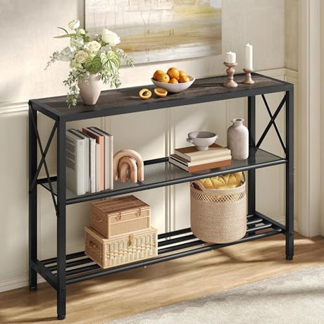 Hoctieon Industrial Console Table, 3 Tier Entryway Table, Hallway Table, Narrow Sofa Table with Shelves, Entrance Table for Entryway, Living Room, Foyer, Hallway, Office, Grey Hoctieon