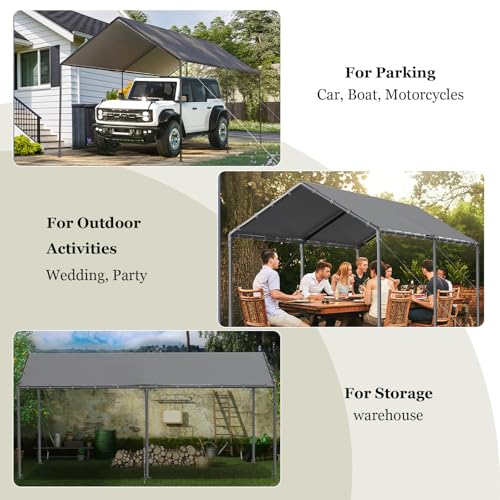 Carport, 10x20ft Heavy Duty Portable Garage, Car Port with Storage Shed, Car Canopy Car Tent with Steel Frame All-Season Tarp for Car, Truck, Boat, Party, Grey TANGJEAMER
