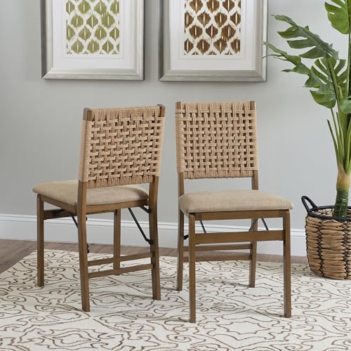 Linon Bennett Natural Folding Chair with Woven Rope Back and Linen Upholstered Seat Set of 2 - WoodArtSupply