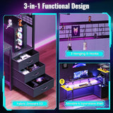PRAISUN 61.7" Gaming Desk with LED Lights & Outlets, Computer Desk with 3 Fabric Drawers, PC Desk with PC Case Stand & Movable Storage Shelves, Monitor Stand, Reversible, Carbon Fiber Black PRAISUN