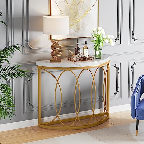 LITTLE TREE Half Moon Gold Console Table, 43 Inch Modern Faux Marble Entryway Table, Narrow Semi Circle Sofa Accent Table with Geometric Metal Frame for Living Room, Hallway LITTLE TREE