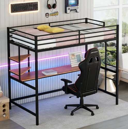 Bellemave Twin Size Loft Bed with Desk and 2 Shelves, Metal loft bedframe with Storage Shelves, Black Bellemave