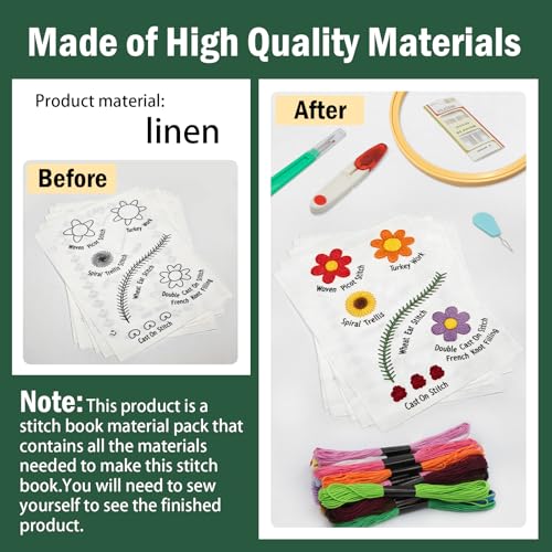Kenburg Beginners Embroidery Stitch Book, DIY Needlepoint Kits Comes with a Complete Tool Kit, Instructional Tutorial and 6x8 Inch Removable Practice Patterns, Gifts for Craft Lovers, Mom, Women