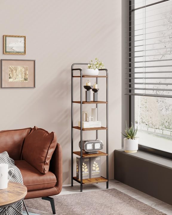 Hzuaneri Bookcase Bookshelf, Narrow Book Shelf, Industrial Corner Shelf Storage Organizer, Slim Shelving Unit for Home Office, Living Room, Bedroom, Kitchen, 5-Tier Rustic Brown and Black BC24501B Hzuaneri