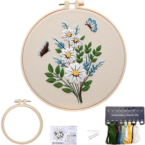 FONNUY Embroidery Kit for Beginners，Plants Flowers Pre-Stamped Pattern Kits for Adults with Hoop, Easy to Follow Needlework (Butterfly Flower)
