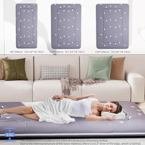 Kiseely Japanese Futon Mattress, Foldable Tatami Mat Portable Dormitory Sleeping Pad with Bag & Strap, Floor Thicken Sleeping Roll up Camping Mattress (Grey WS1, 60"X80") Kiseely