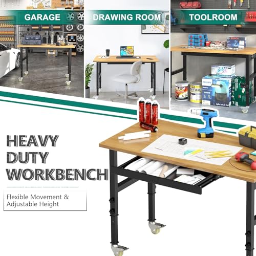 Adjustable Heavy Duty Workbench with Drawers,Rubber Wood Top Working Table, 2500 LBS Load Capacity DUSACOM