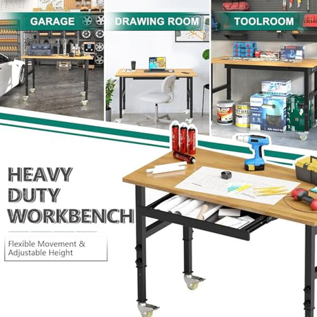 Adjustable Heavy Duty Workbench with Drawers,Rubber Wood Top Working Table, 2500 LBS Load Capacity DUSACOM