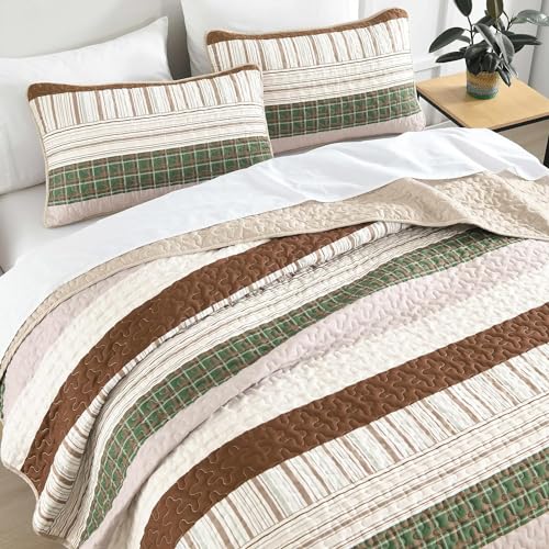 DJY Striped Quilt Set Twin Size, Boho Brown Green Striped Bedspread Coverlet Set Soft Microfiber Patchwork Quilt Bedding Set 3 Pieces for All Season(86"x68") DJY