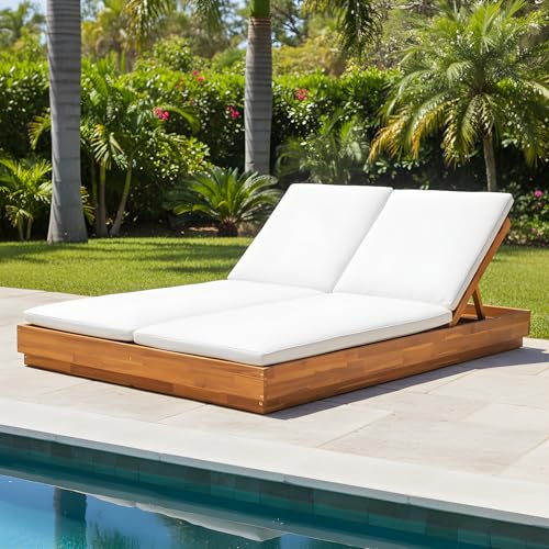 Christopher Knight Home Toridan Double Chaise Lounge Outdoor with Cushion, Acacia Wood Patio Chaise Lounge Set of 2, Adjustable Backrest Poolside Sun Lounger, Wood Sunbathing Chair, Teak+White
