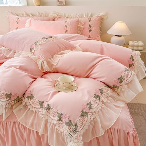 MOOWOO Flower Lace Ruffled Bedding Set- Sweet Girl Chiffon Ruffles Duvet Cover Set- 3PC(1 Full Duvet Cover 80x90 Inch, 2 Pillowcases) Aesthetic Bedding for Romantic French Wedding MOOWOO