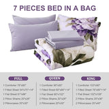 Dobuyly Purple Comforter Set Full Size 7 Piece Bed in a Bag Full, Purple Floral Printed on Light Purple Comforter Set with Sheets, Soft Microfiber Botanical Complete Bedding Set for All Season Dobuyly