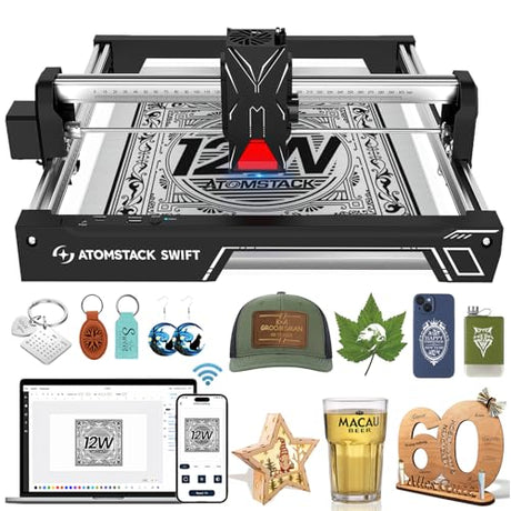 ATOMSTACK Swift Laser Engraver for Beginners, 12000mW Output Laser Cutter, Laser Class 4, 300×300mm Working Area, 0.08mm Accuacy Engraving Machine for Wood, Leather, Coated Metal, Acrylic (Swift 12W) KoveYzao