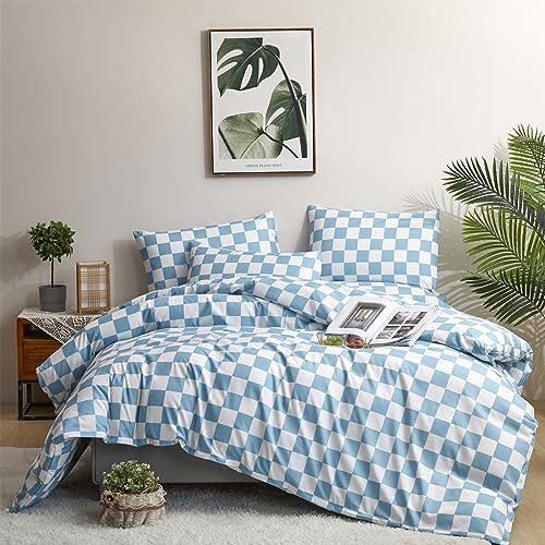 KAREVER Blue White Grid Comforter Set Full Blue Plaid Bedding Set Girls Blue White Checkered Bed Blanket Set Kids Durable Breathable Bedding Comforter Set KAREVER
