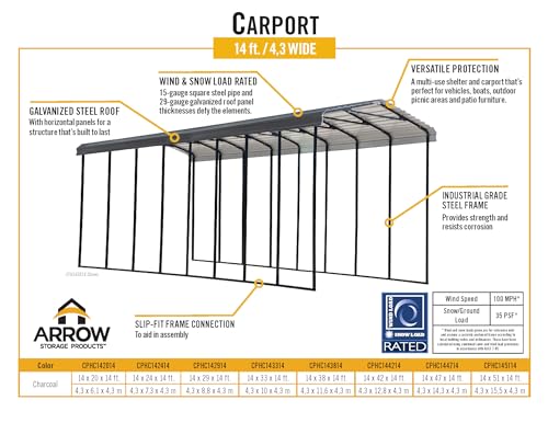 Arrow Carports Galvanized Steel Carport, RV Metal Carport Kit, 14' x 42' x 14', Charcoal Arrow