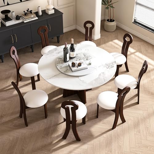 Wohh 9-Piece Round Dining Table Set, 59" Sintered Stone Table with Walnut Base, 6-8 People, Modern Style Wohh