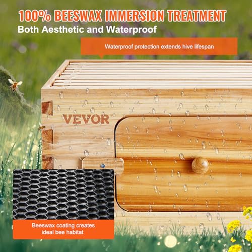 VEVOR Bee Hive Deep Box Starter Kit, 100% Beeswax Coated Natural Cedar Wood, Langstroth Beehive Kit with 10 Frames and Foundations, Transparent Acrylic Bee Windows for Beginners and Pro Beekeepers VEVOR