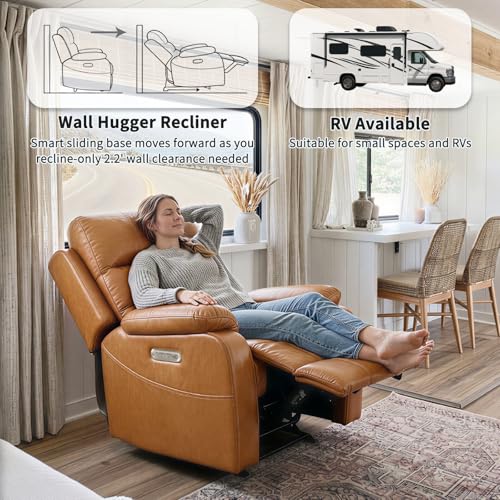 EONIX Power Zero Wall Hugger Power Recliner Chair for Small Space RV Living Room,Power Recliner with Massage and Heat, USB & USB-C Charging Ports, SXXY003992, Saddle Brown