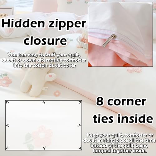 MorroMorn Twin Duvet Cover Cotton, 3D Embroidery Twin Bedding Sets, Cute Chenille Embroidered Comforter Covers Summer Blanket Soft Dry Sweat-Absorb for Girls Kids Teen (Flowers White, Twin/Twin XL) MorroMorn