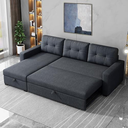 YOPTO 81.5" Sleeper Sectional Sofa,Upholstered Sectional Storage Chaise and Pull,Reversible L-Shape Couch,w/ 3 Back Cushions,for Living Room,Office,Apartment,Dark Grey