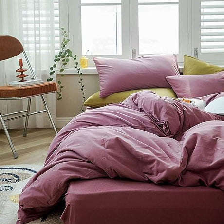 AMWAN Jersey Knit Cotton Duvet Cover Pale Mauve Full Size Solid Purple Bedding Sets T Shirt Comforter 3 Piece Mauve Color 1 with 2 Pillowcases Full(80/ x90/) AMWAN